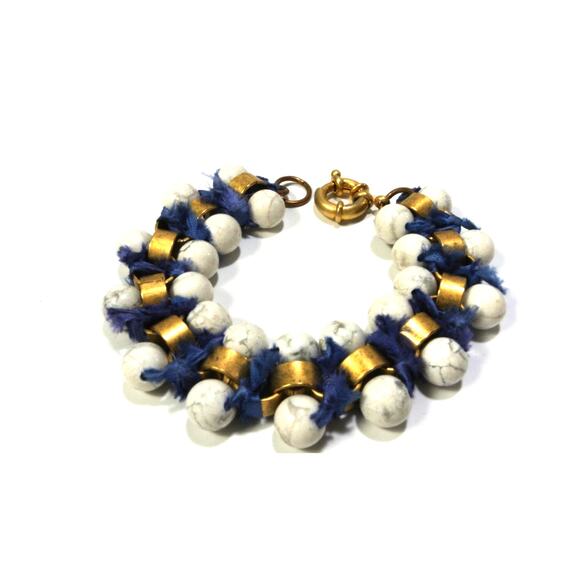 NWT Neiman Marcus Lee Angel Women's Howlite NAVY Fringe Brass Bracelet NWT 189 - Picture 1 of 10